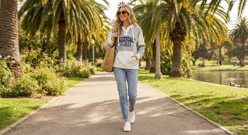 Pacific & Co "Lauderdale by the Sea, Florida" Gray Waffle Knit Hoodie Medium